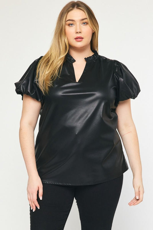 "Brynleigh" Faux leather short sleeve v-neck top featuring ruffle detail at neckline