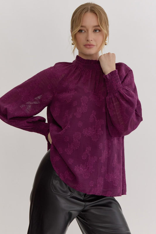 "Violet" Floral Jaquard Mock Neck Top