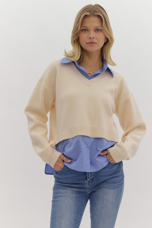 " Savannah " Solid knit twofer long sleeve top featuring collared neckline split at hem