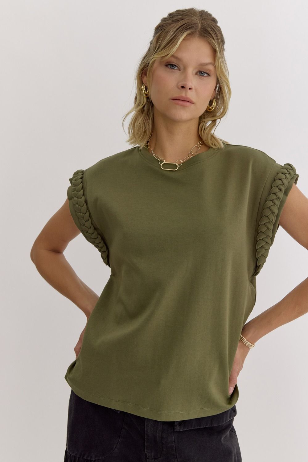 "Roper" Solid Round Neck Olive Top