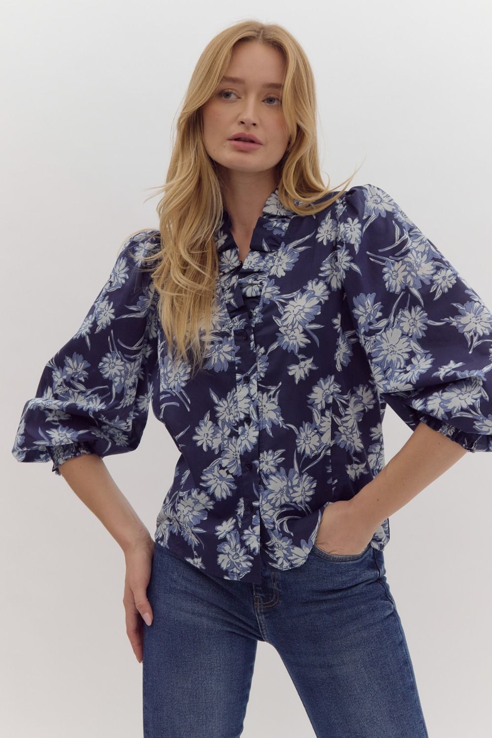 "NOVA" Floral print ruffle neck smocked cuff long sleeve button down poplin blouse.