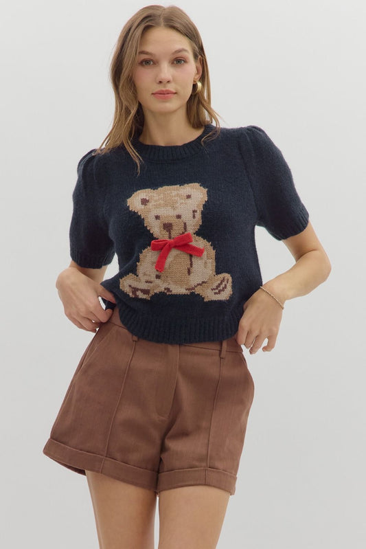"Honey" Bear with Bow Short Sleeve Sweater