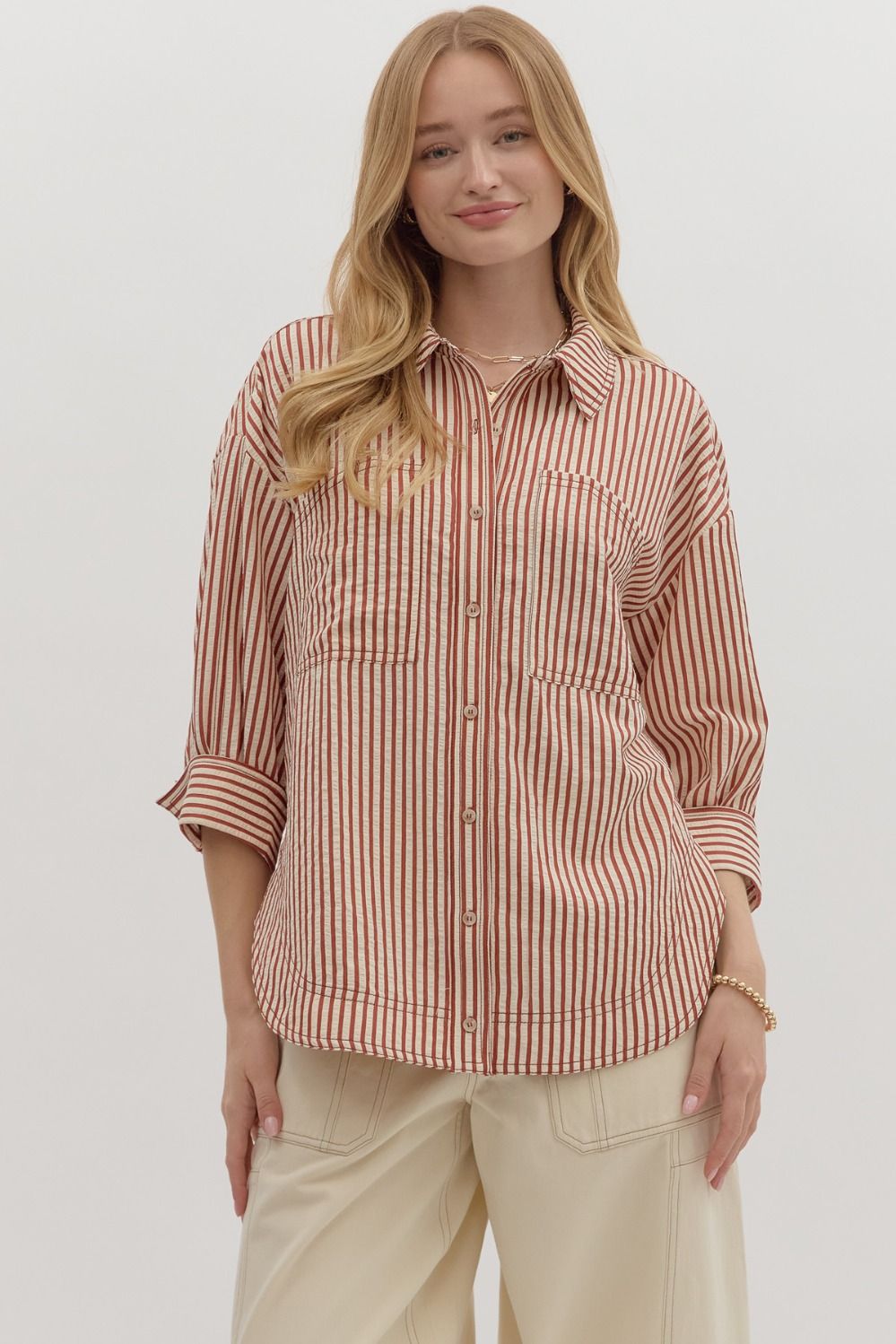 "Lindsey" Textured 3/4 Stripped Button Down Top (multiple colors)