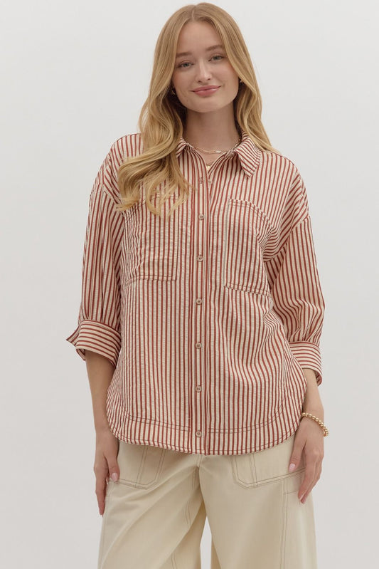 "Lindsey" Textured 3/4 Stripped Button Down Top (multiple colors)