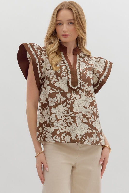 "Autumn Wind" Brown Floral Flutter Sleeve Top