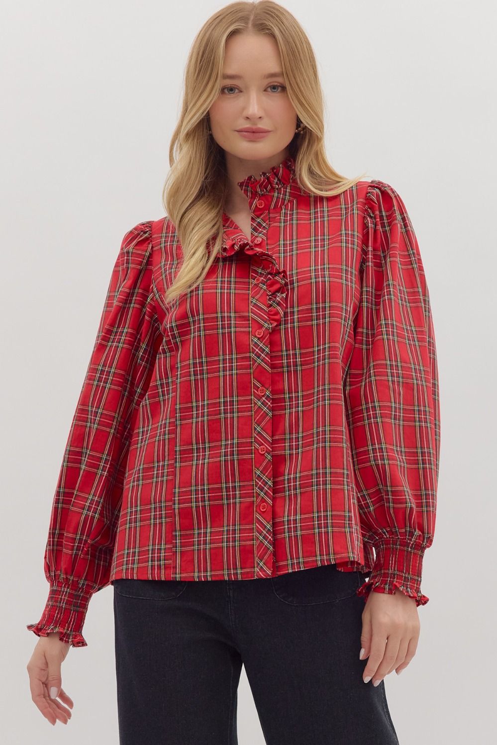 "Merrily" Plaid Ruffle Collar Button Detail Top
