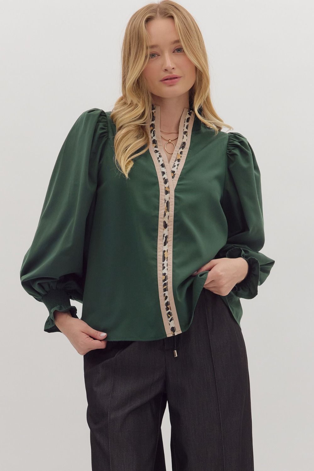 "Going Going" Green Leopard Trim Long Ruffle Sleeve Top