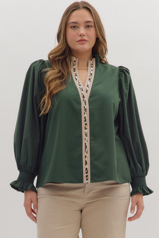 "Going Going" Green Leopard Trim Long Ruffle Sleeve Top