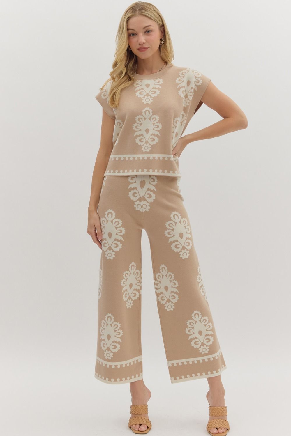"Elizabeth" Taupe Damask Print Sweater Set