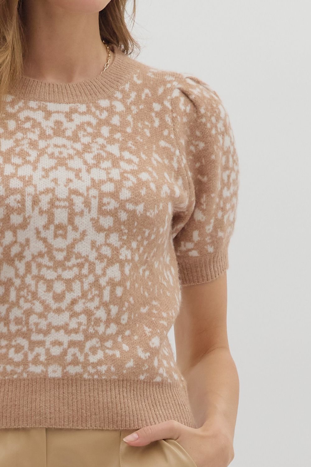 "Cambry" Latte Animal Print Short Sleeve Sweater