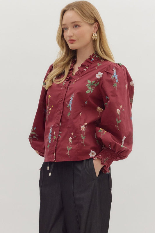 "Fern" Burgundy Floral Long Sleeve Top
