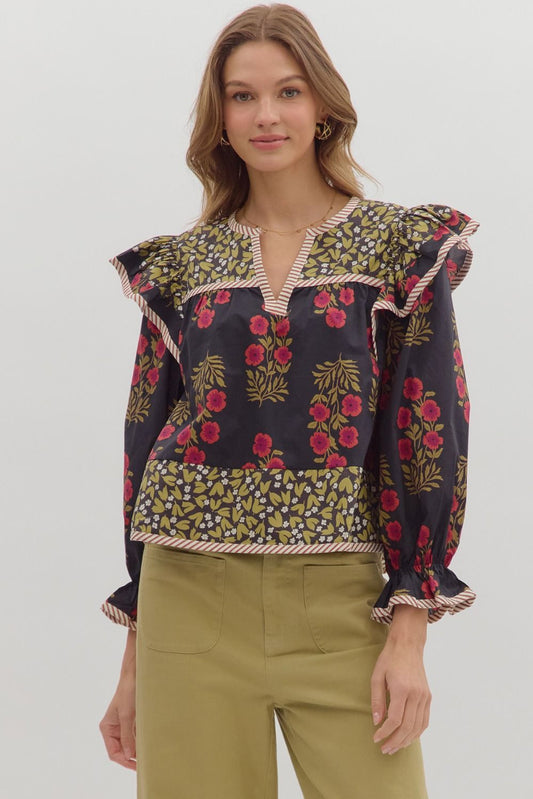 "Gracie" Black Floral Ruffle Sleeve Top (S-XL)