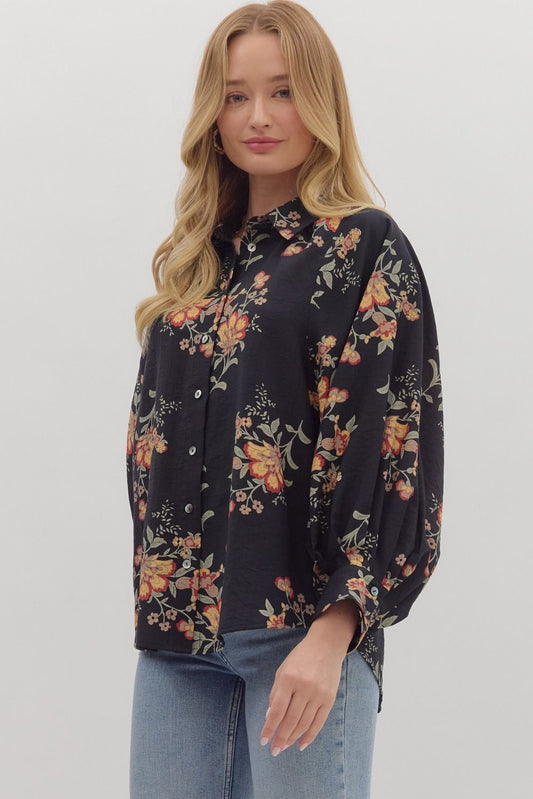 "Falls" Floral Long Sleeve Button Up Top (mulitple colors S-2XL)
