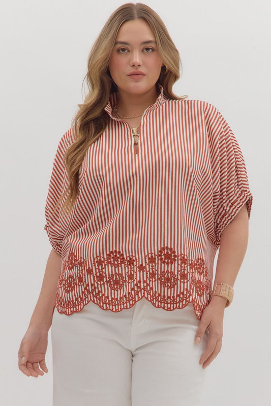 "Bentley" Brick Striped Eyelet Curvy Top