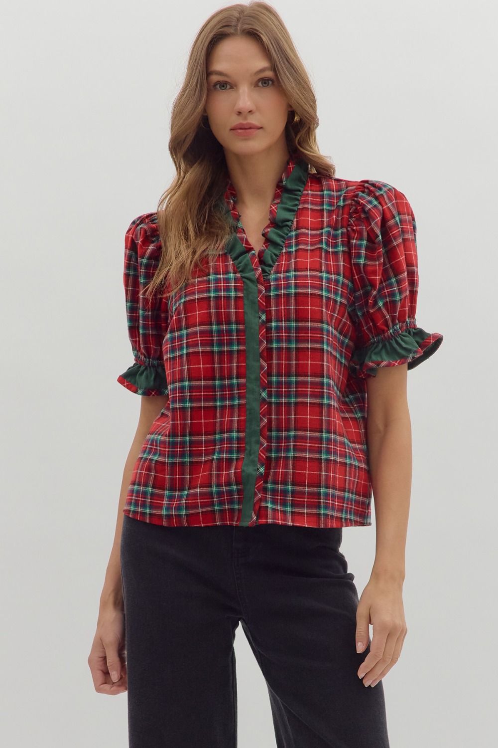 "Holly" Plaid Puff Sleeve Soft Flannel Top (multiple colors)
