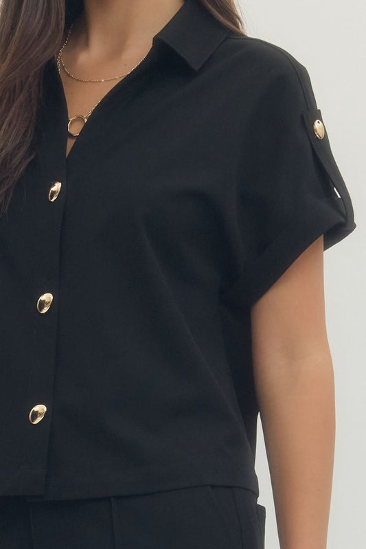 "Chicky" Chic' Black Denim Gold Button Up