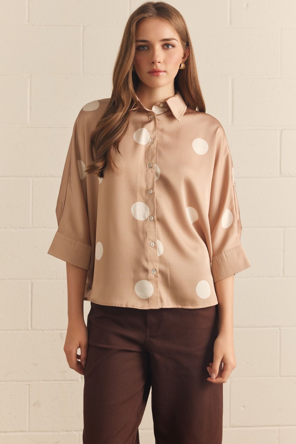 "Darci" 3/4 Sleeve Polka Dot Satin Blouse (S-2XL)