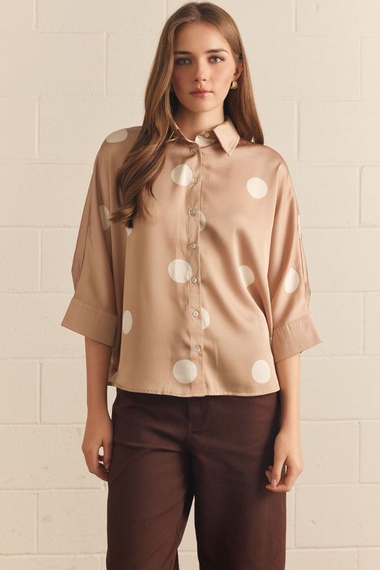 "Darci" 3/4 Sleeve Polka Dot Satin Blouse (S-2XL)