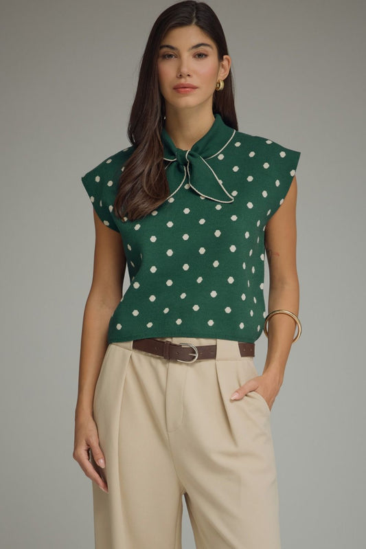 "Jaylla" Green Polka Dot Scarf Tie Sweater Top