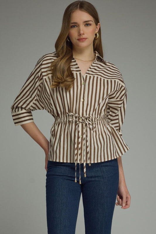 "Athena" Brown/Cream Striped Cinch Waist Top