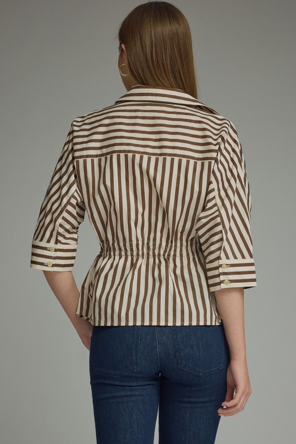 "Athena" Brown/Cream Striped Cinch Waist Top