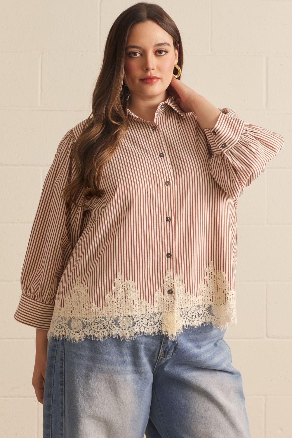 "Brenda" Striped Lace Trim Curvy Button Up