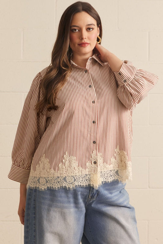 "Brenda" Striped Lace Trim Curvy Button Up
