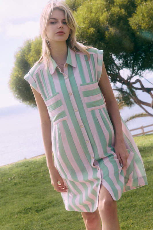 "Britney" Striped Button-down Curvy Mini Dress
