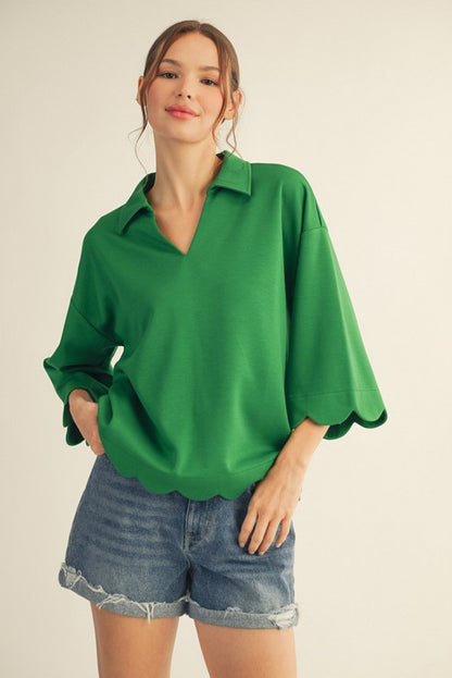 Plus Size Hot Pink And Kelly Green Scallop Edge Detail Solid Top