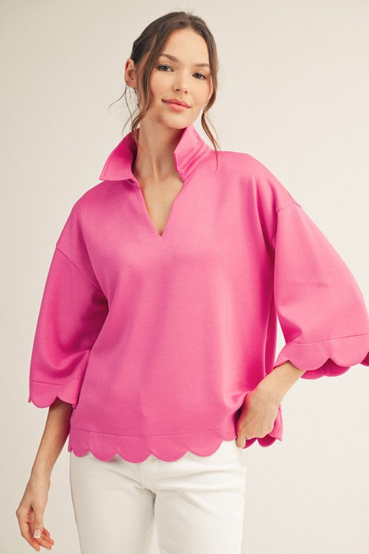 Plus Size Hot Pink And Kelly Green Scallop Edge Detail Solid Top