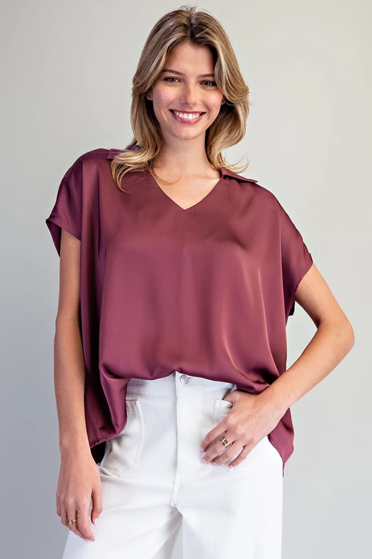 "Gracey" Satin Collared V-Neck Top (Multiple Colors)