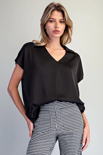 "Gracey" Satin Collared V-Neck Top (Multiple Colors)