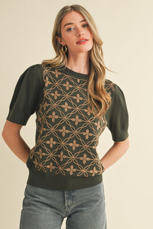"Sandy" Olive & Mocha Embroidered Sweater