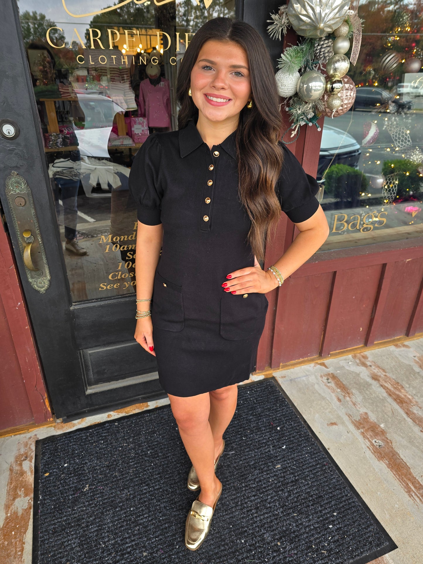 "Taylor" Black Sweater Knit Gold Button Detail Dress