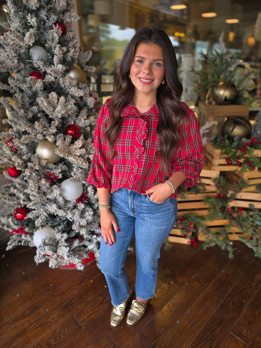 "Merrily" Plaid Ruffle Collar Button Detail Top