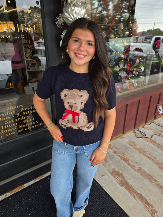 "Honey" Bear with Bow Short Sleeve Sweater