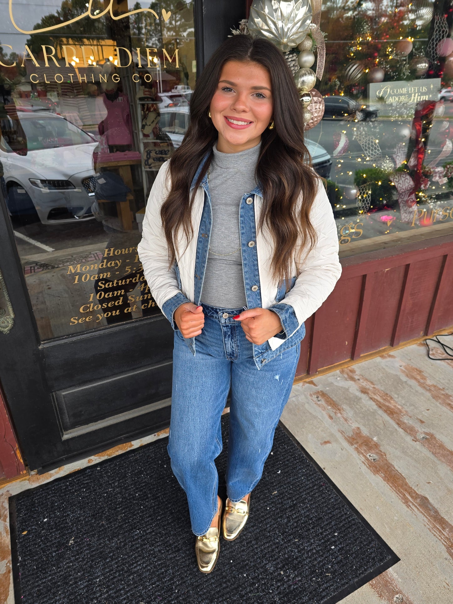 "Meredith" Quilted & Denim Cream Jacket