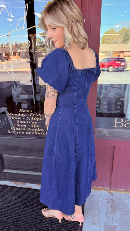 Mineral Washed Puff Sleeve Midi Dress