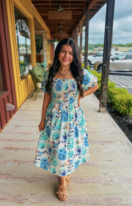 "Anna Leigh" Blue Floral Puff Sleeve Dress