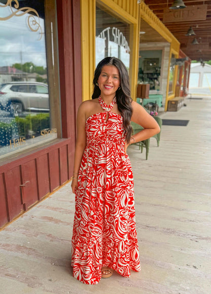 "Daydreams" Coral Maxi Halter Dress
