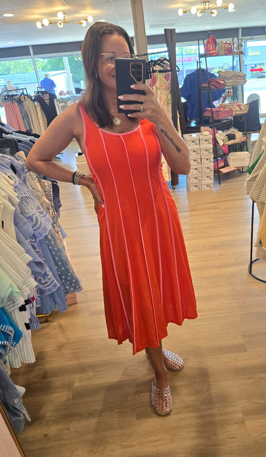 "Mindy" Orange w/Pink Stripe Linen Dress