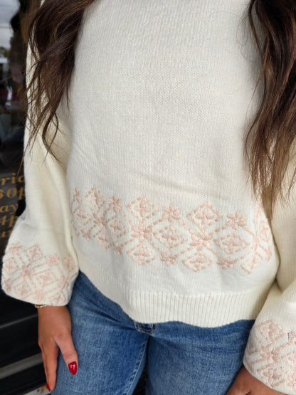 "Kale" Pink Embroidery Cream Mock Neck Scallop Sweater