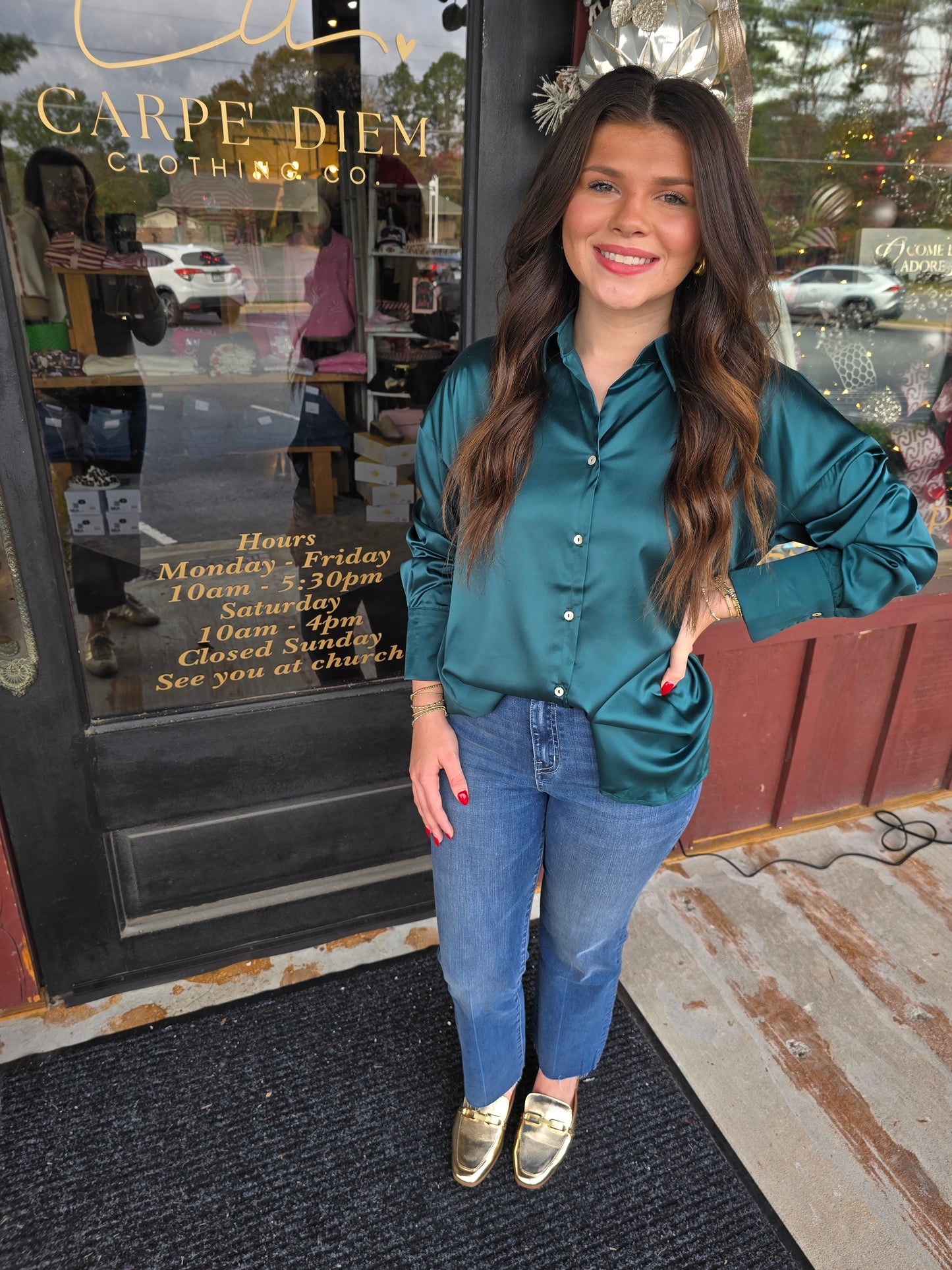 "Jayda" Emerald Satin Button Up Top