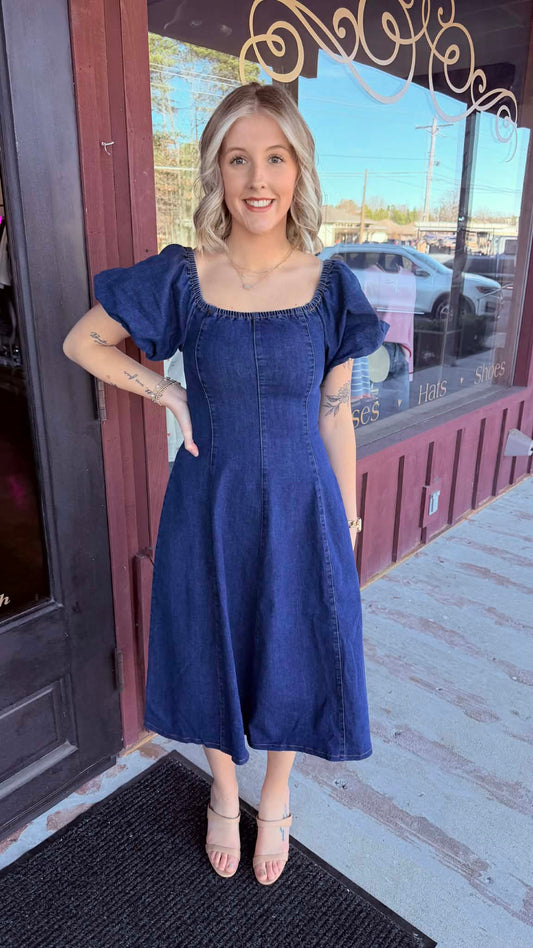 Mineral Washed Puff Sleeve Midi Dress