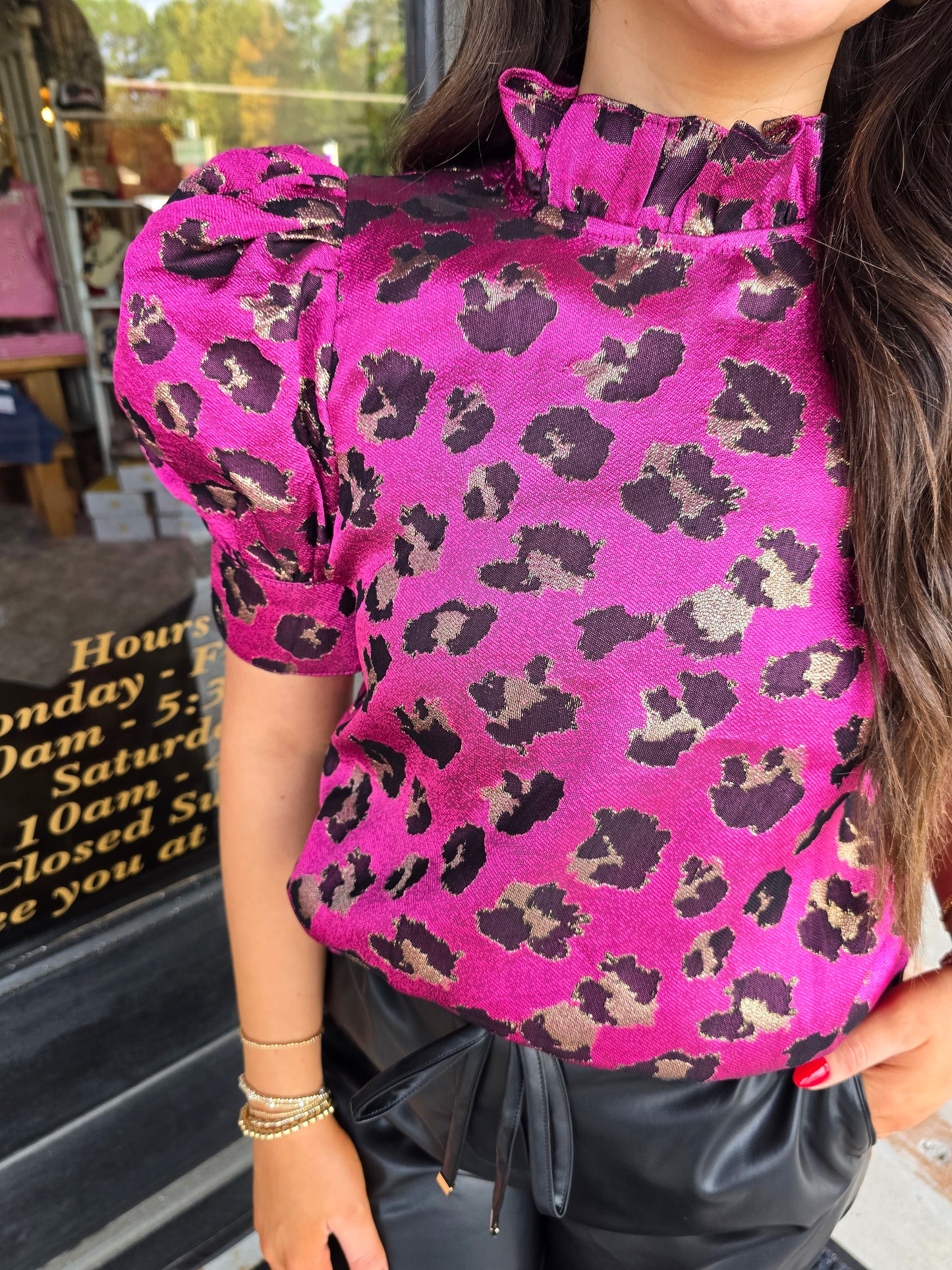 "Sandra" Hot Pink Leopard Back Button Down Top