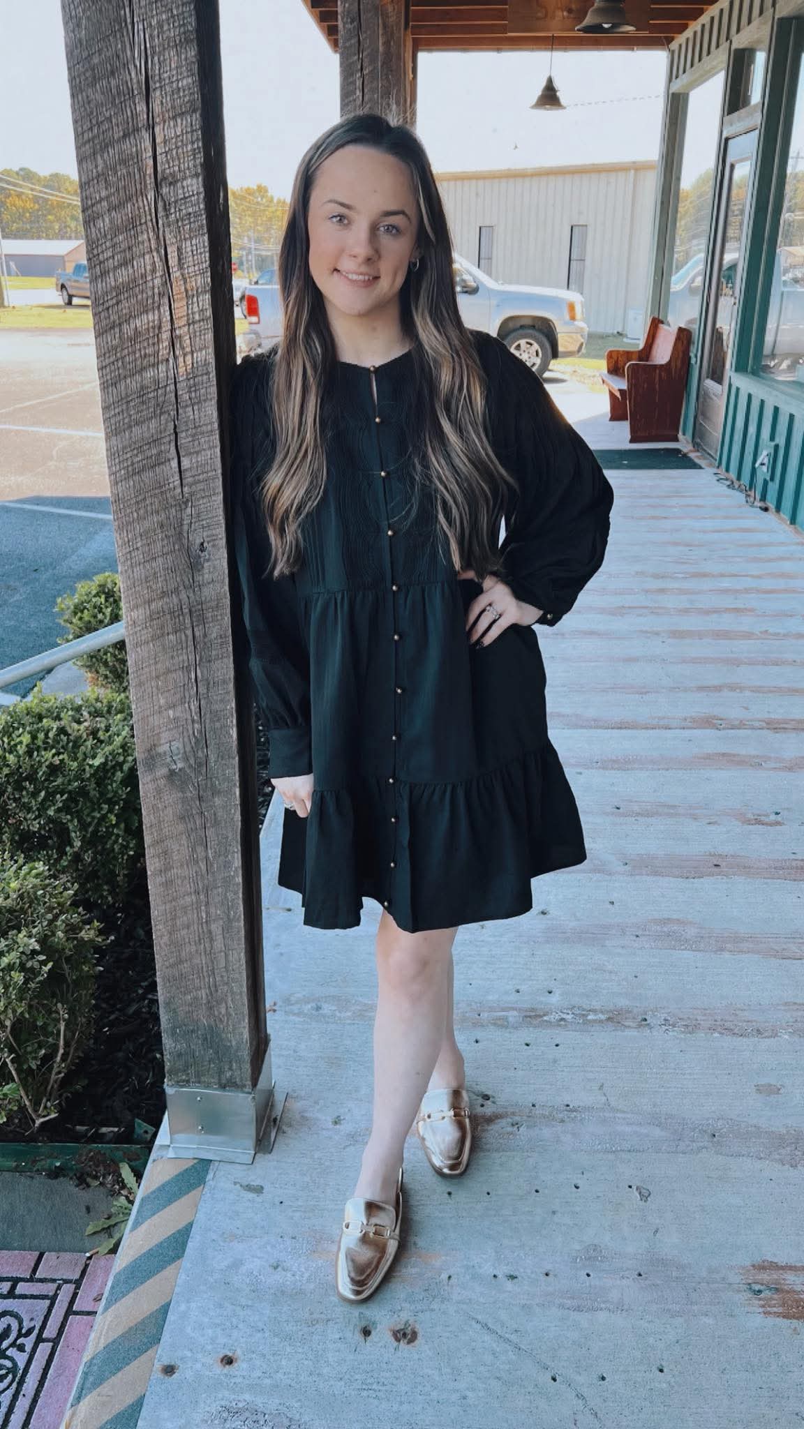 "Bev" Black Pintuck Button Dress