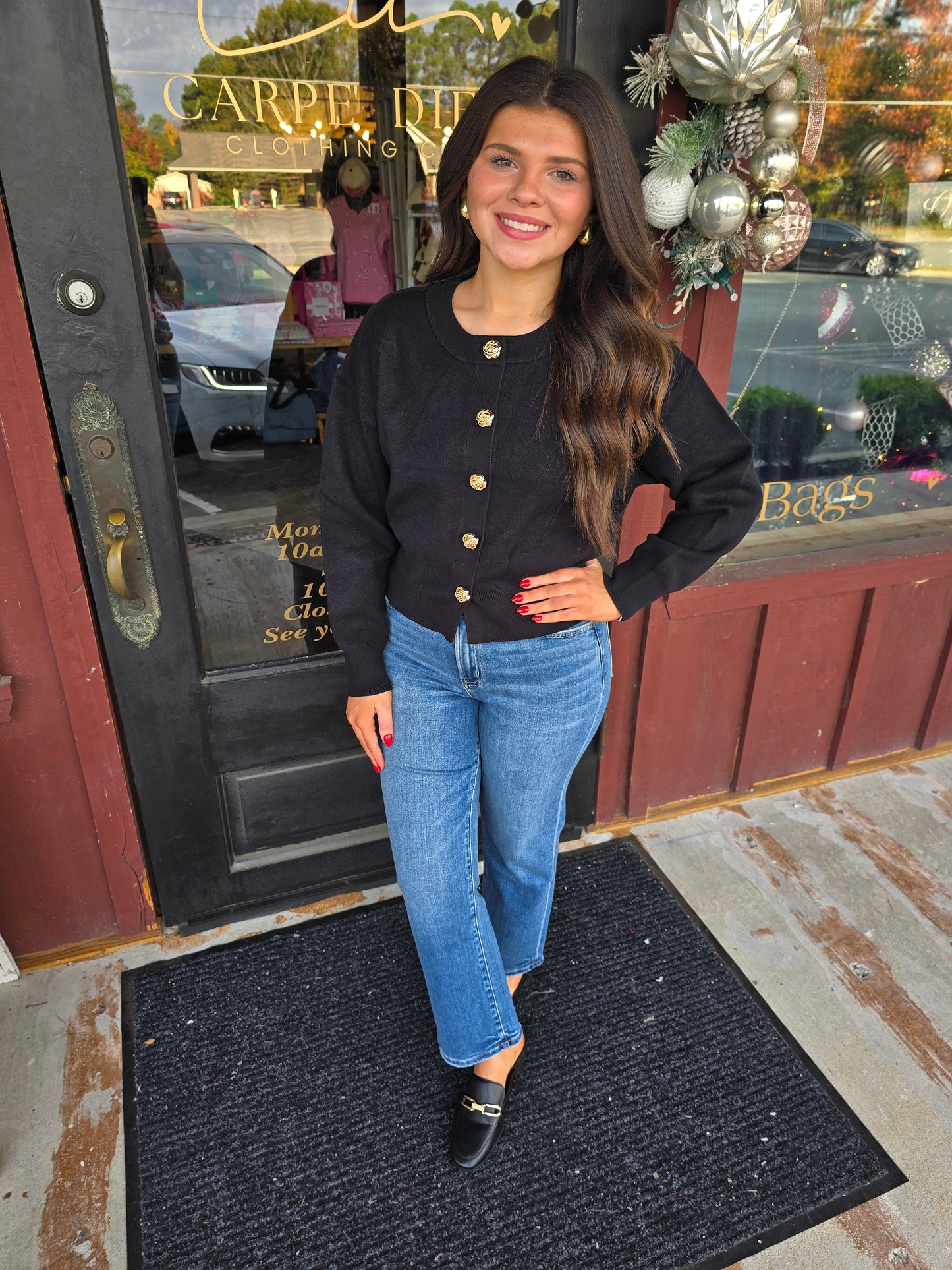 "Glitzed" Black Sweater Knit Gold Button Cardigan