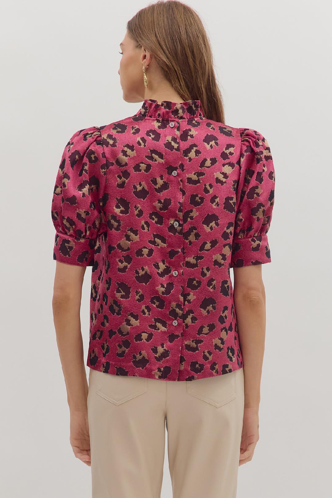 "Sandra" Hot Pink Leopard Back Button Down Top