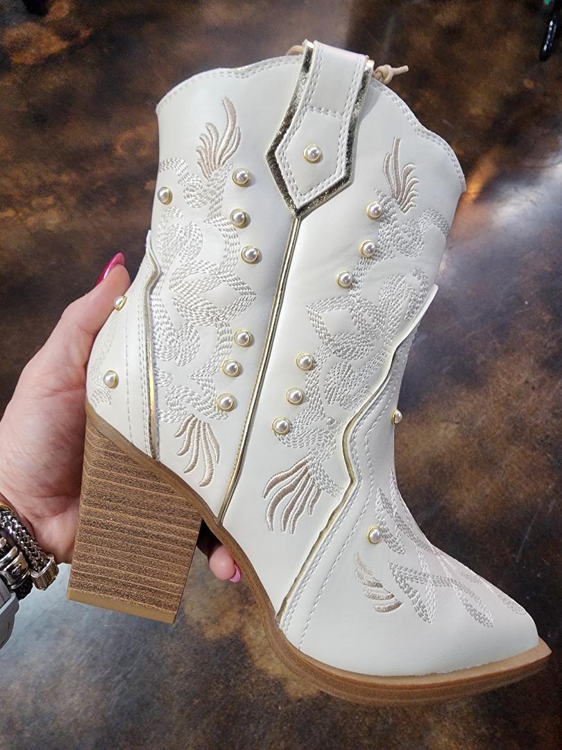 MIA "Wendi" Pearl and White Ankle Cowboy Boot