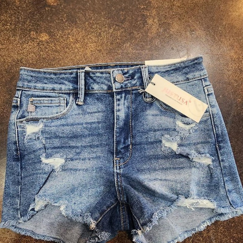 "Stella" Just Black Medium Wash Distressed Short